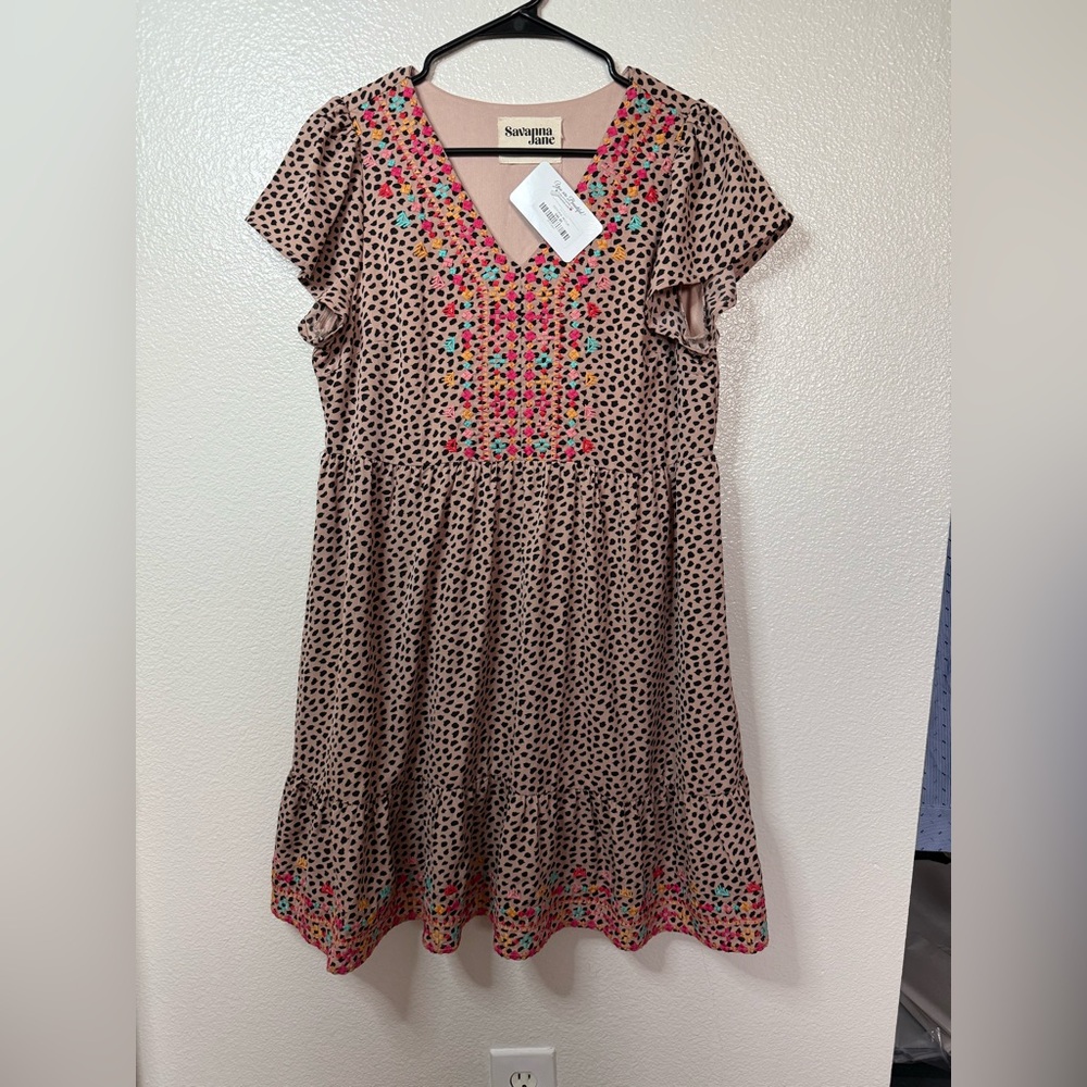 Savanna Jane Women's Medium Embroidered Polka Dot Midi Dress NWT